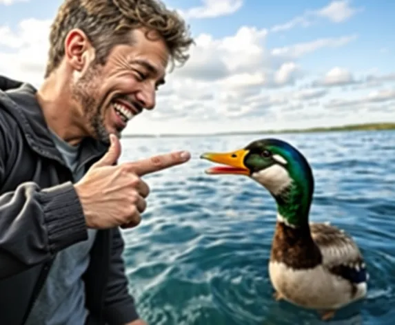 man pointing at duck