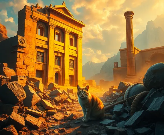 cat in ruins of