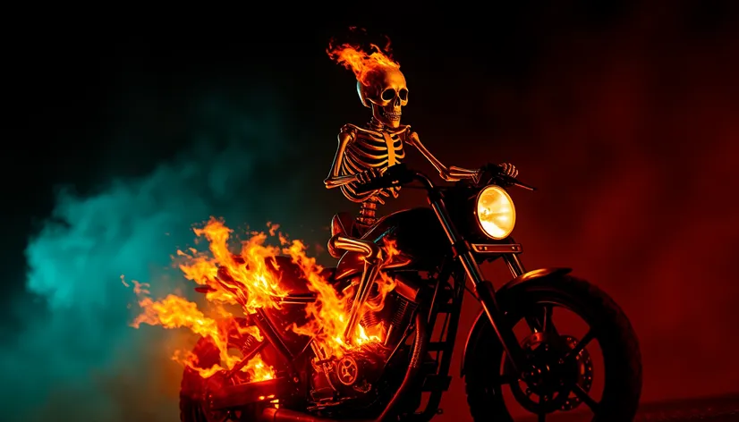 flaming skeleton on motorcycle