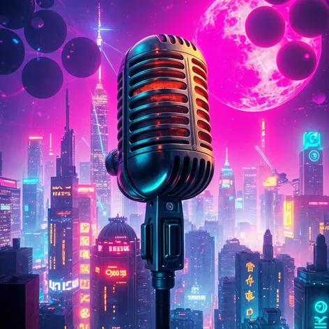 Cyberpunk, spaceship, microphone, giant