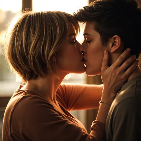 short hair girl kissing