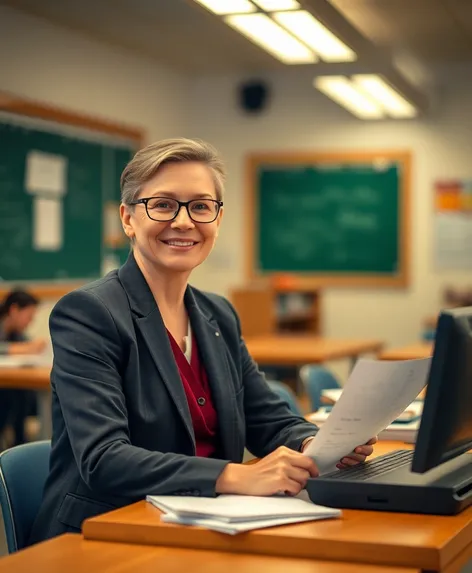 mature teacher at desk