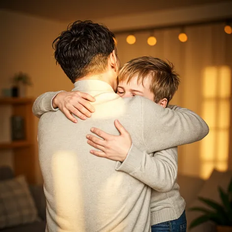 Hugging father and son