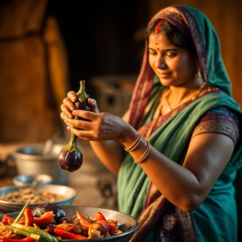 Beautiful indian handling eggplant