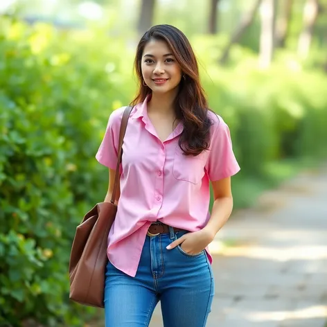 pink shirt with jeans