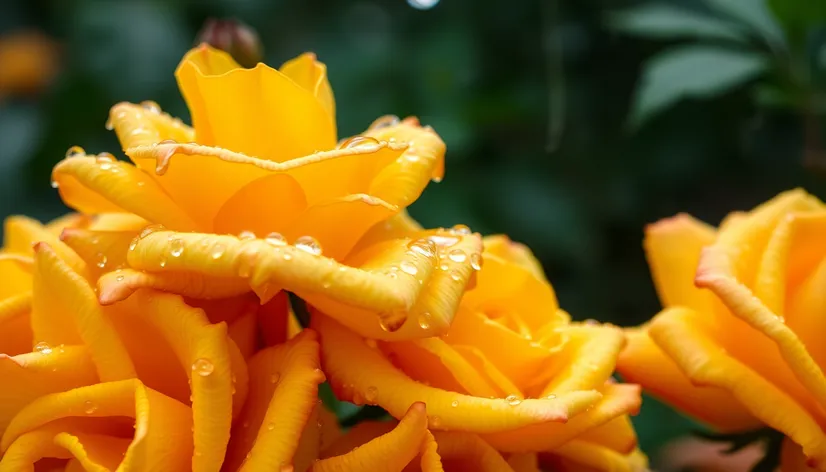 water drops yellow roses