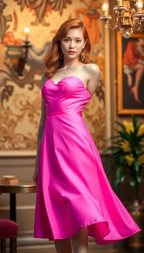 redhead pink dress