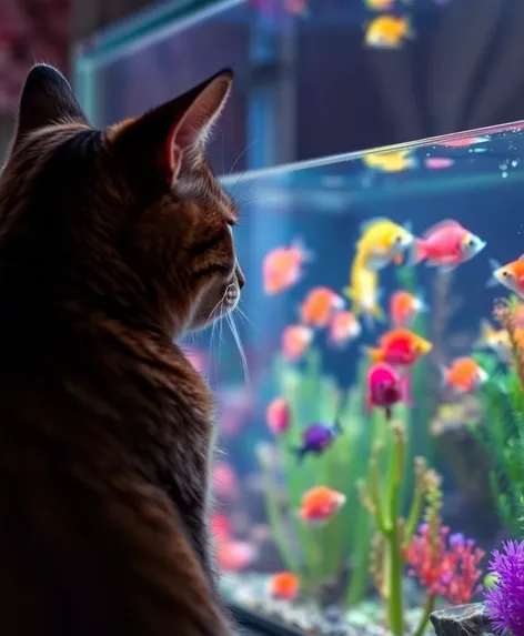 cat watching fish tank