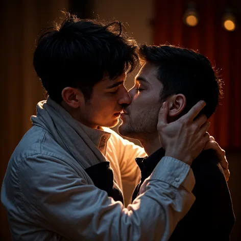 Two men tongue kissing