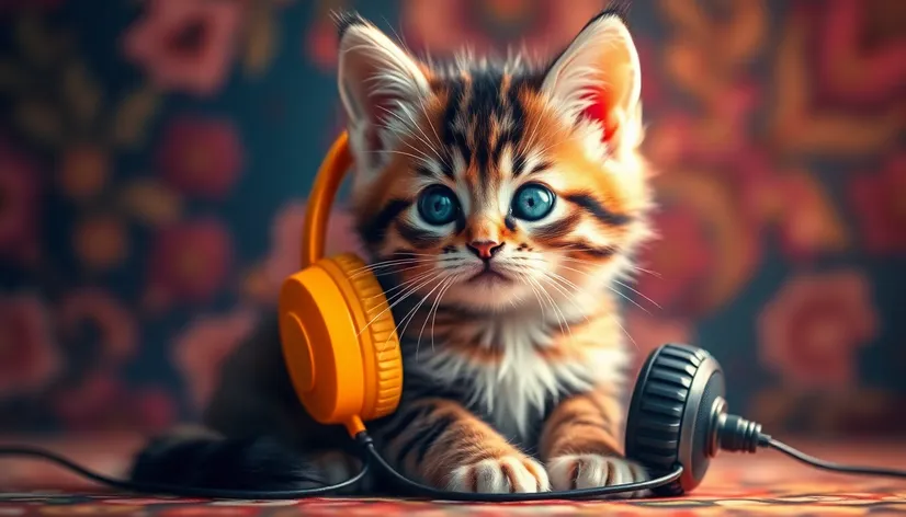 kitten listening to music