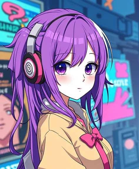 headphone anime purple hair