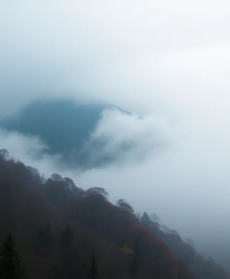 mount fuji in fog