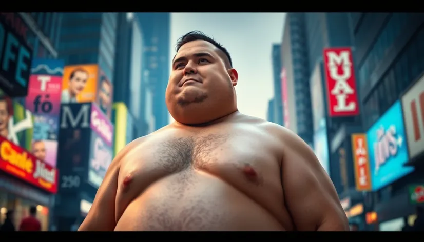 shirtless fat man